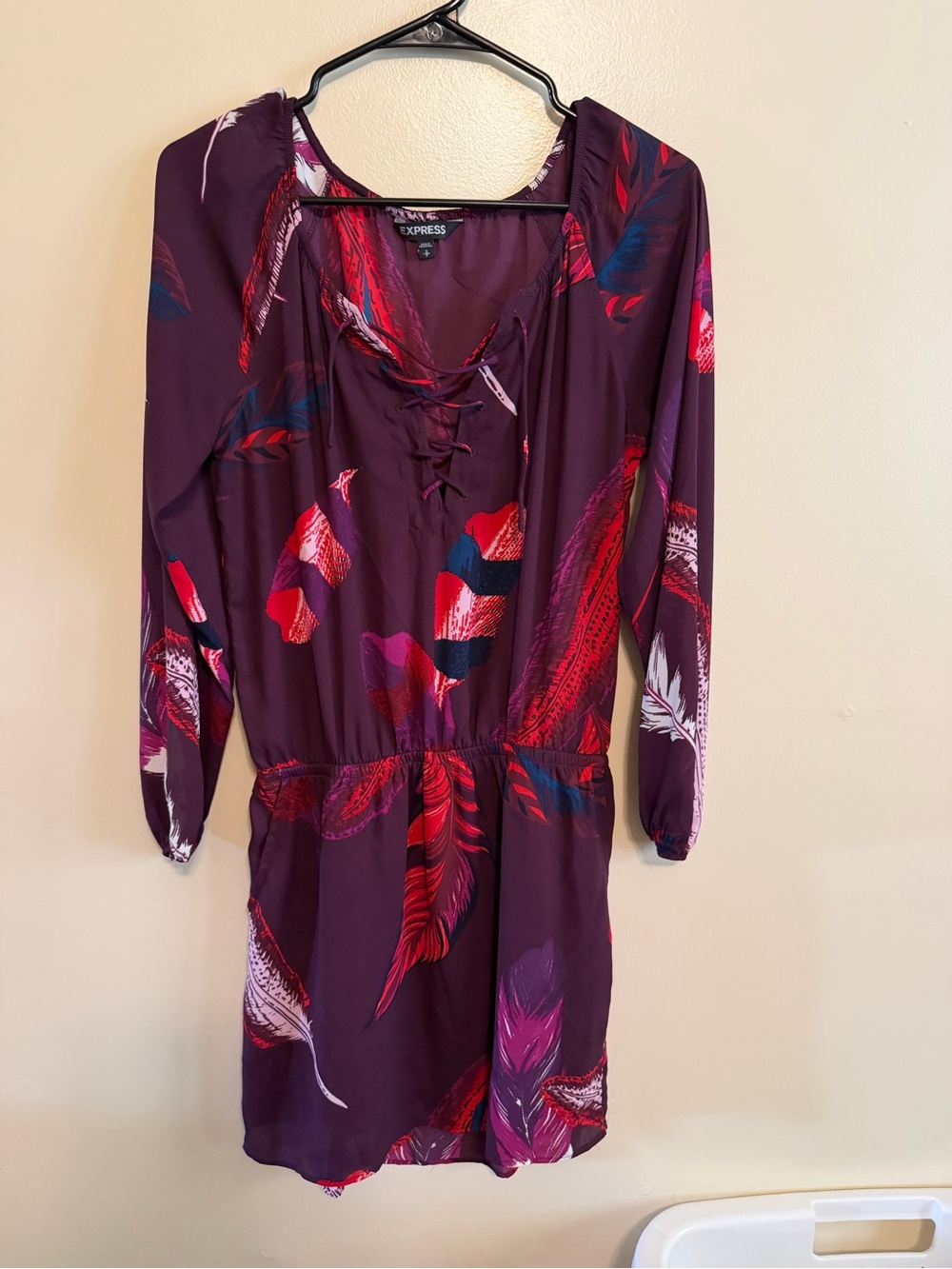 Express Plum Long Sleeve Floral Lace-Up Dress with Red & Blue Accents